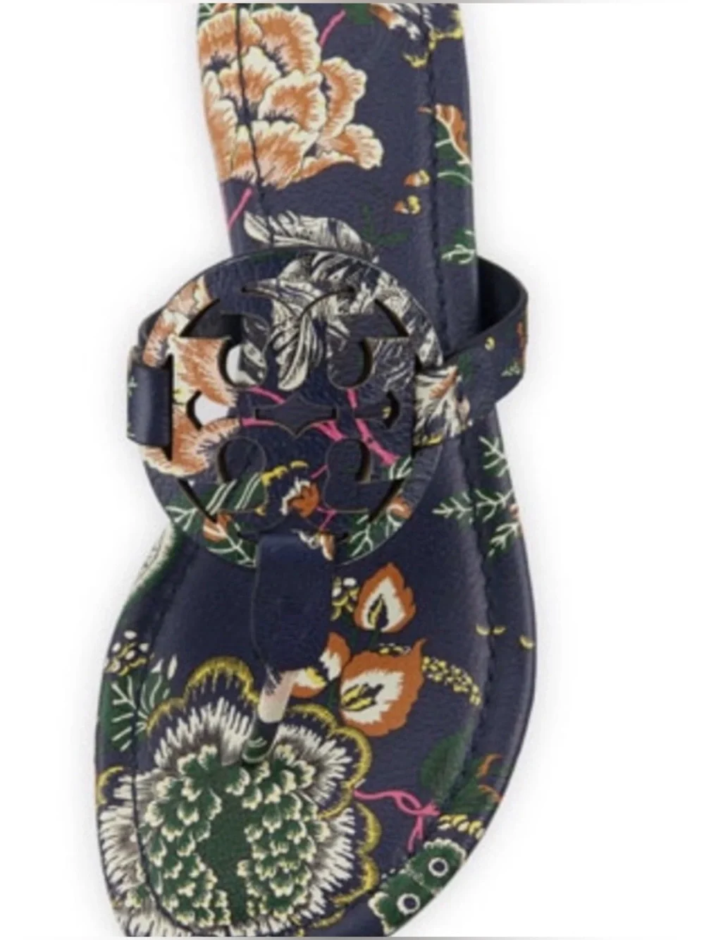 Tory Burch Happy Times Navy Floral Printed Tumbled Leather Miller Sandals
